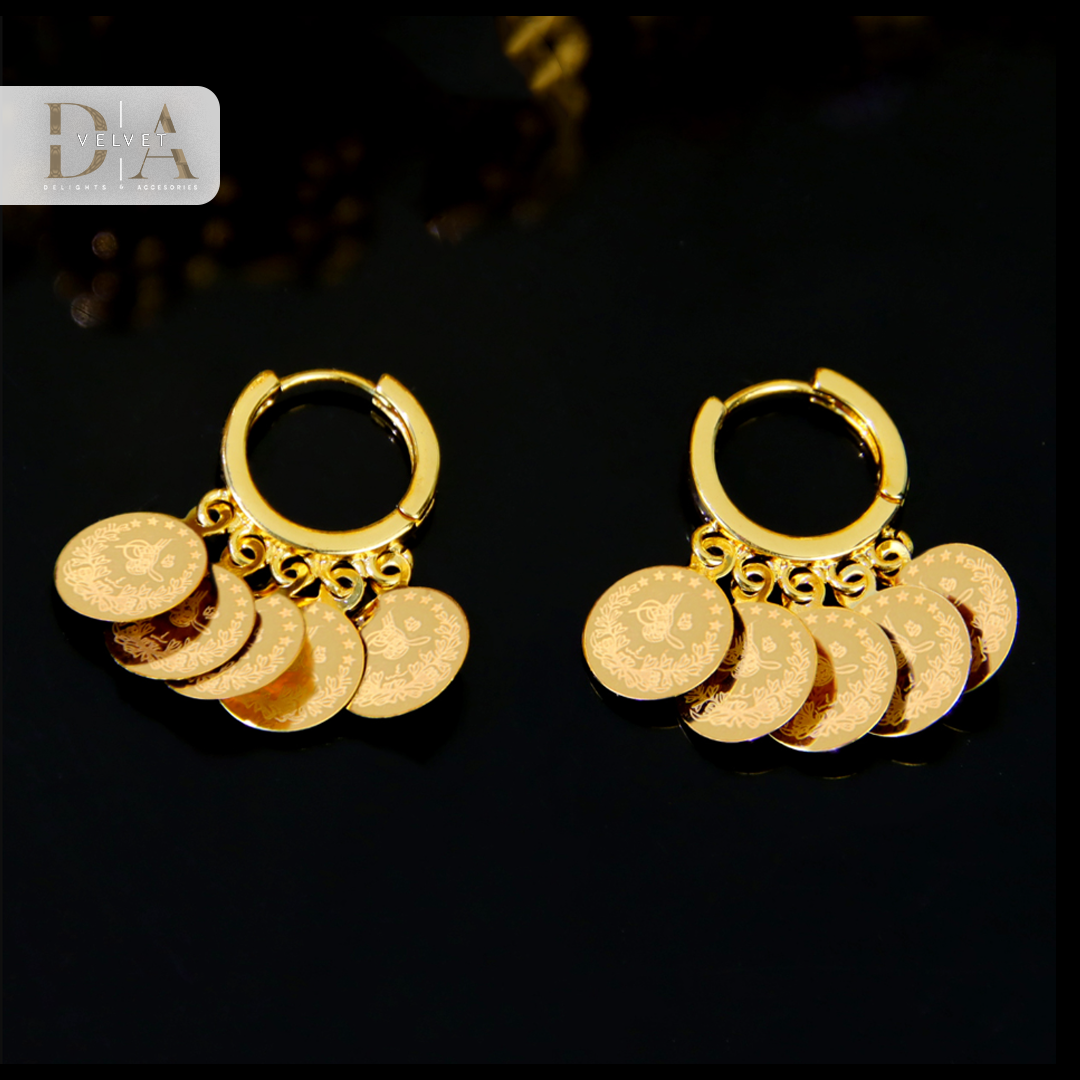 Classic Arab Style Design Brass Coin Earrings 21k Gold Plated