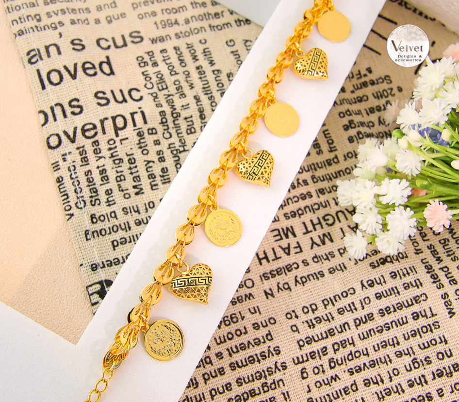 Coin Bangle Bracelet Brass Heart Infinite Charm 21K Gold Plated Bracelet