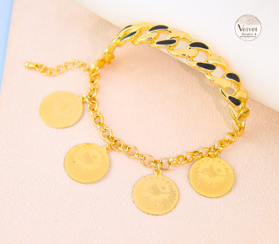 Stack Bracelet Brass Cuff Bangle 21K Gold Plated Coin Charm Bracelet