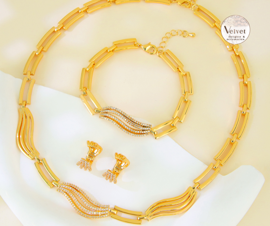 Arab Bridal Zircon Jewelry Set Elegant Design 21k Gold Plated Necklace 3Pcs Set for Women