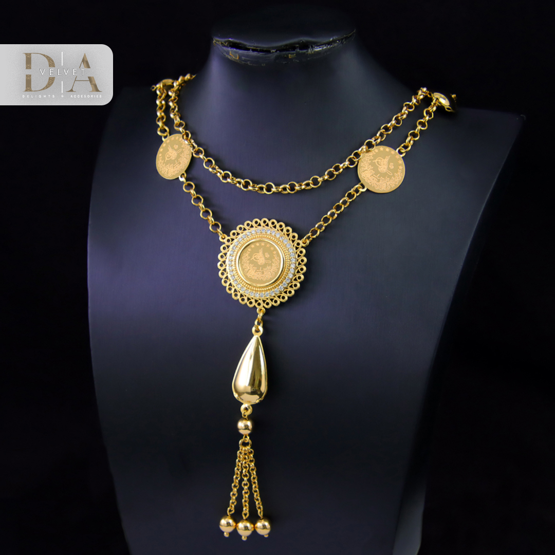 Ladies Luxury 21K Gold Arabic Coin Pendant Brass Women Jewelry Long Necklace With Tassel