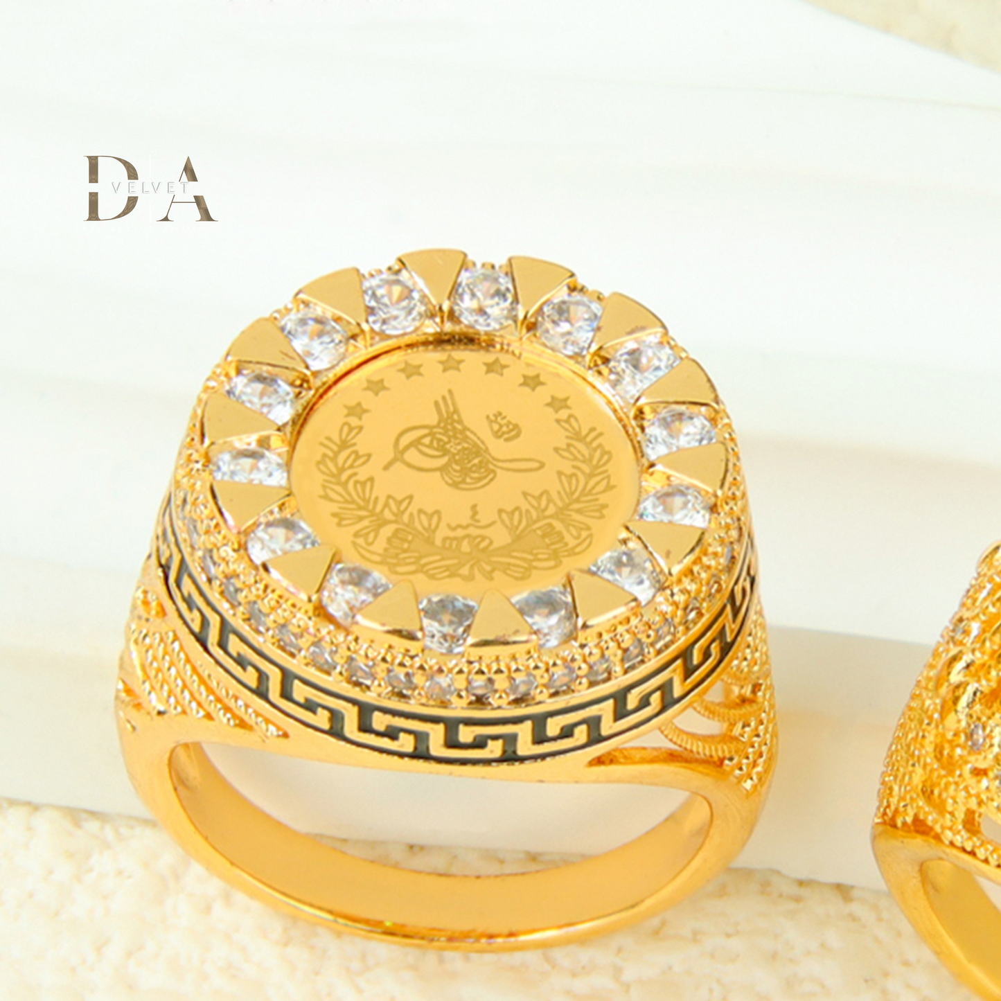 Large Coin Chunky Rings Zircon Brass 21K Gold Ring