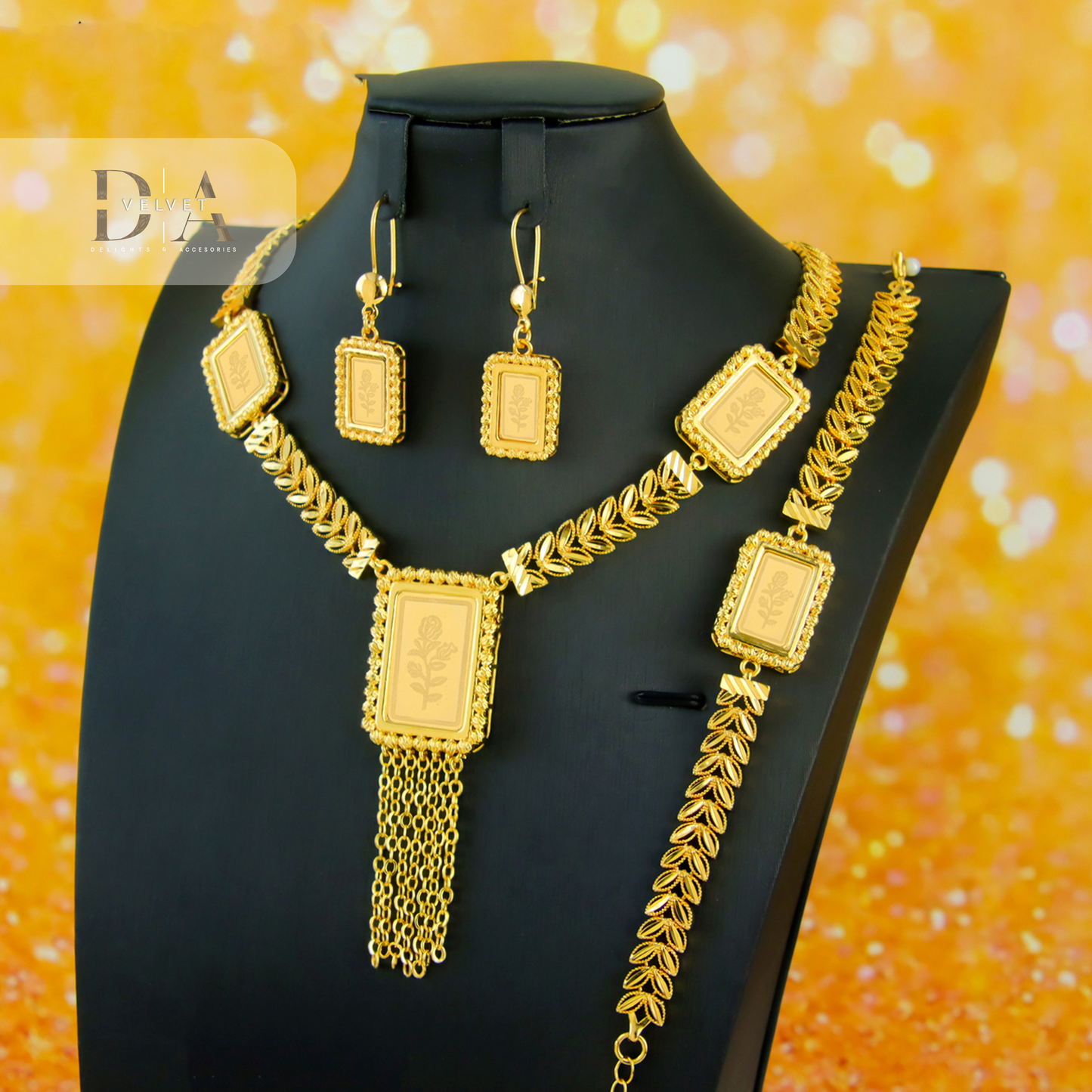 Elegant Rose Pattern Weed Leaf Jewelry Tassel Pendant Necklace Brass Jewelry Set 21K Gold Plated for Women