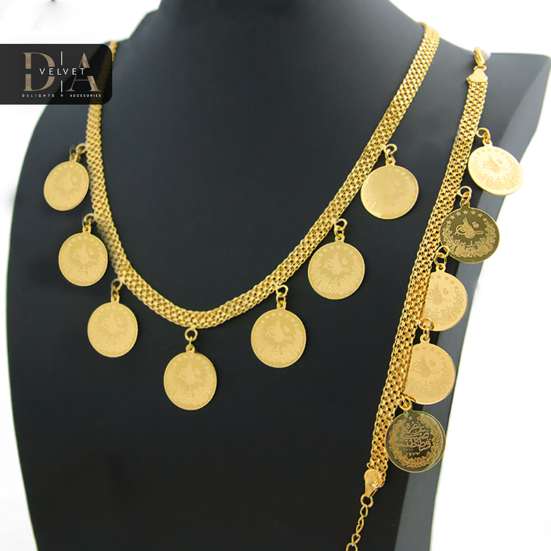 Dubai Gold Plated Necklace and Bracelet Coin Jewelry Set