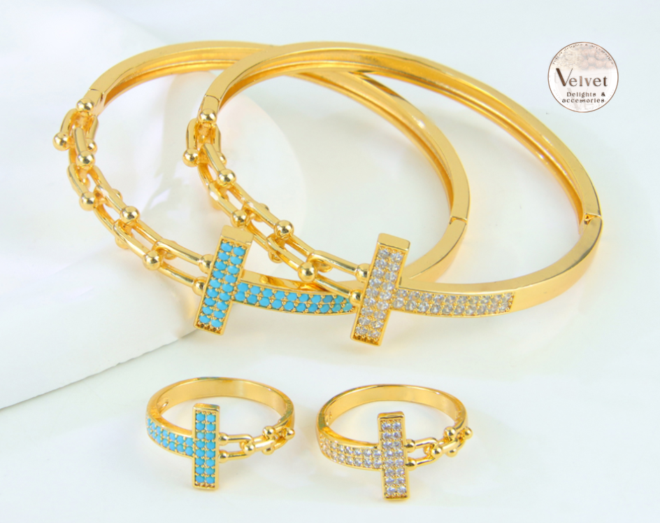21k Gold Plated Bangle and Ring Sets Waterproof Horseshoe Shaped Blue Zircon Women Jewelry