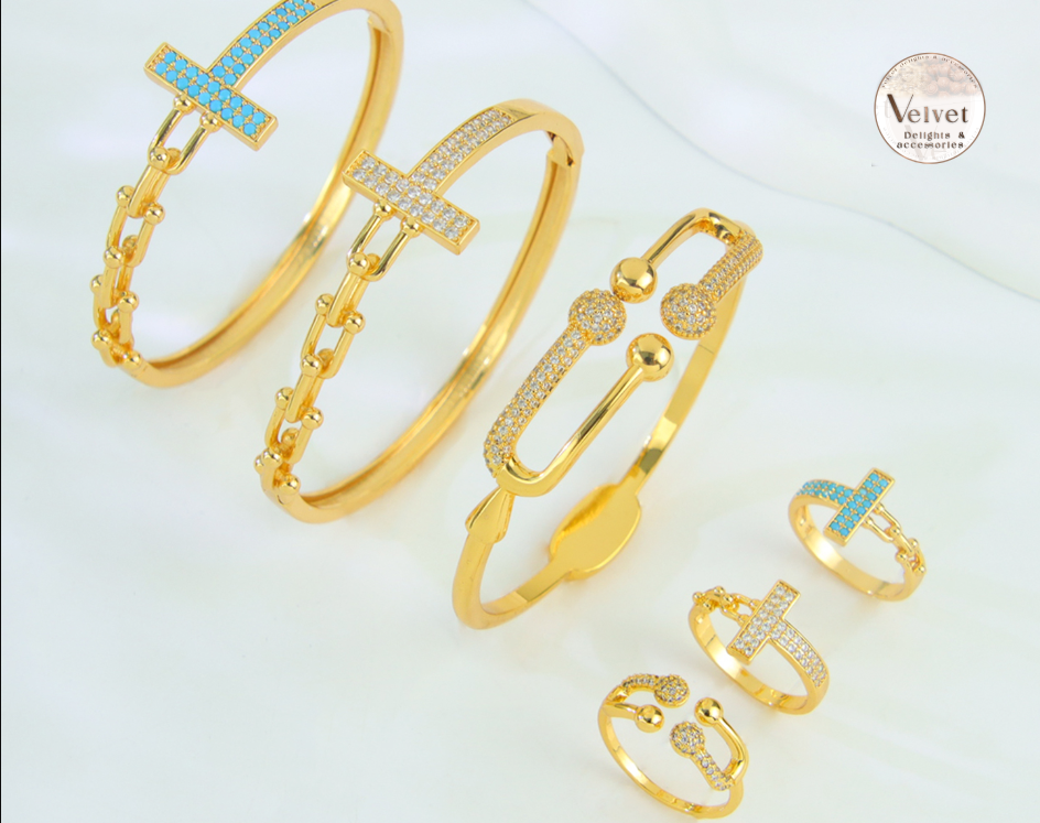 21k Gold Plated Bangle and Ring Sets Waterproof Horseshoe Shaped Blue Zircon Women Jewelry