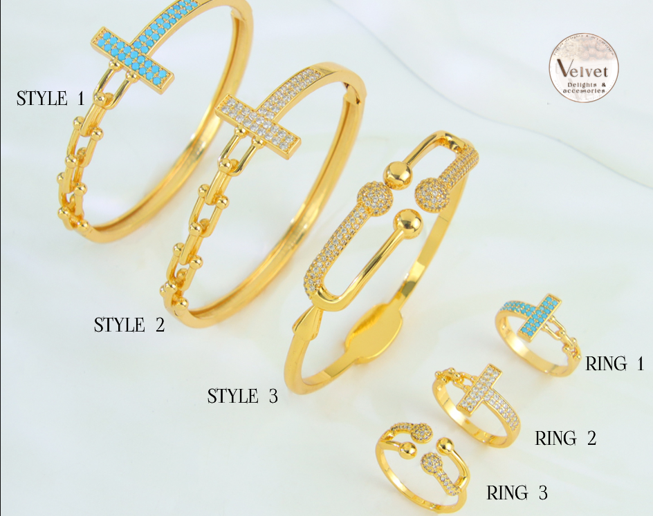 21k Gold Plated Bangle and Ring Sets Waterproof Horseshoe Shaped Blue Zircon Women Jewelry