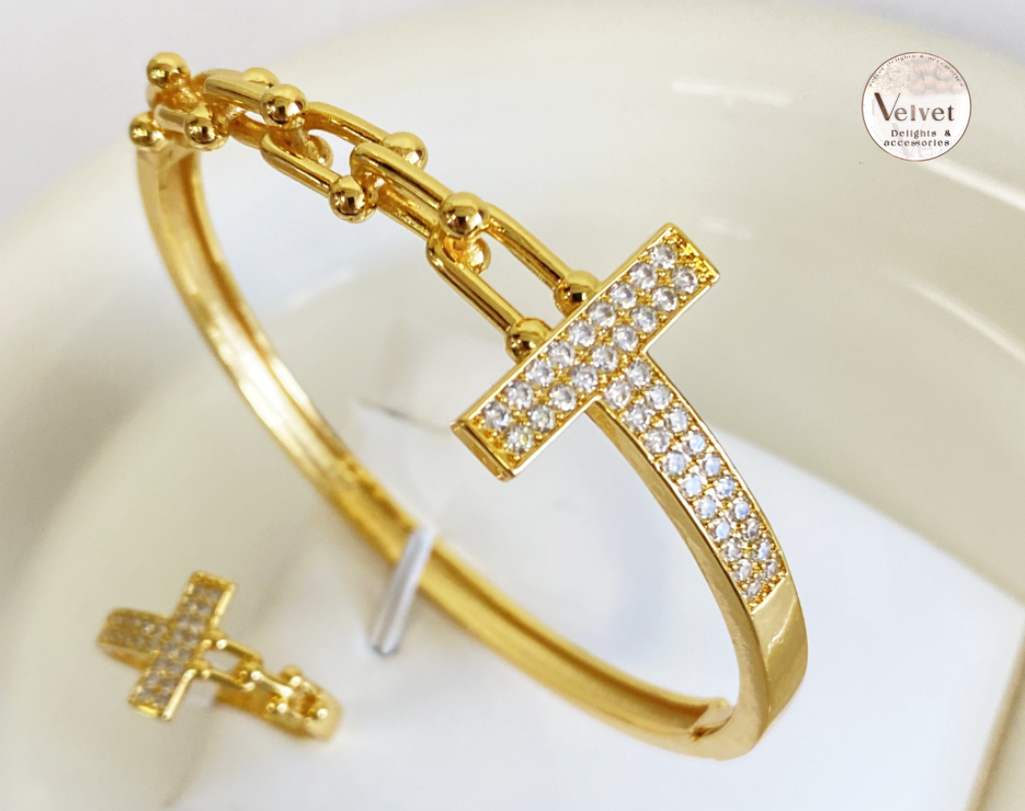 21k Gold Plated Bangle and Ring Sets Waterproof Horseshoe Shaped Blue Zircon Women Jewelry