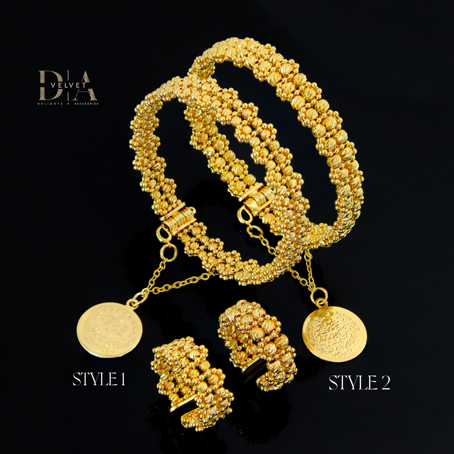 Dubai Style Brass Cuff Bracelet and Ring 21K Gold Plated