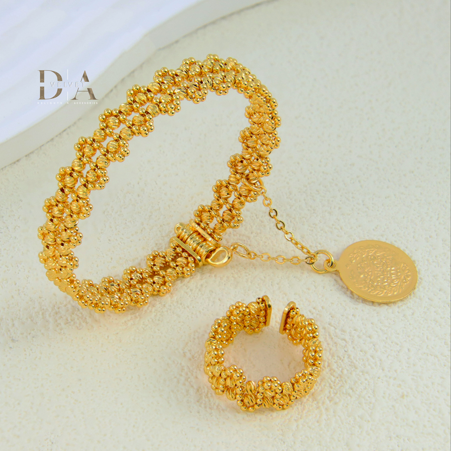 Dubai Style Brass Cuff Bracelet and Ring 21K Gold Plated