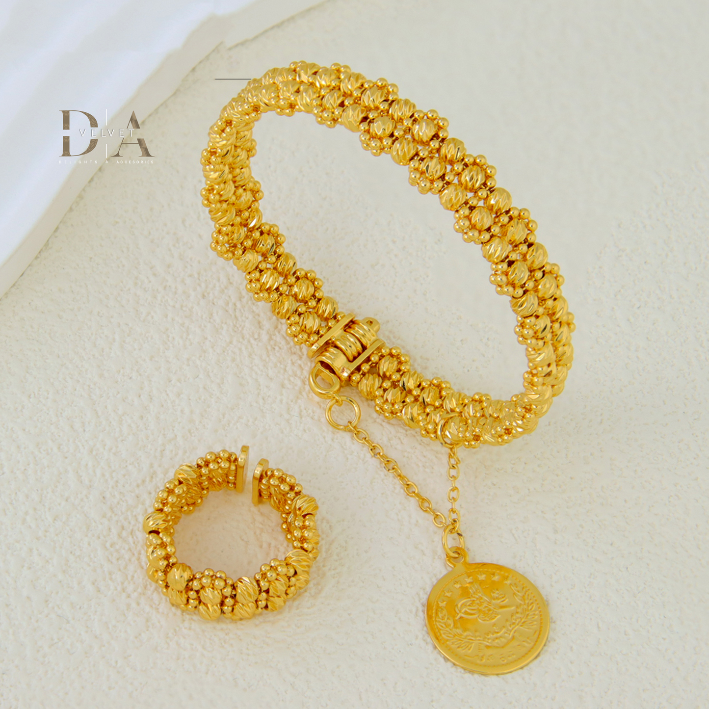 Dubai Style Brass Cuff Bracelet and Ring 21K Gold Plated