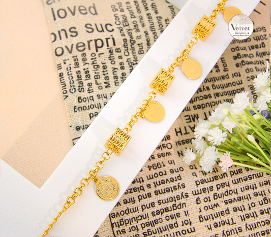 Coin Bangle Bracelet Brass Square Infinite Charm 21K Gold Plated Bracelet