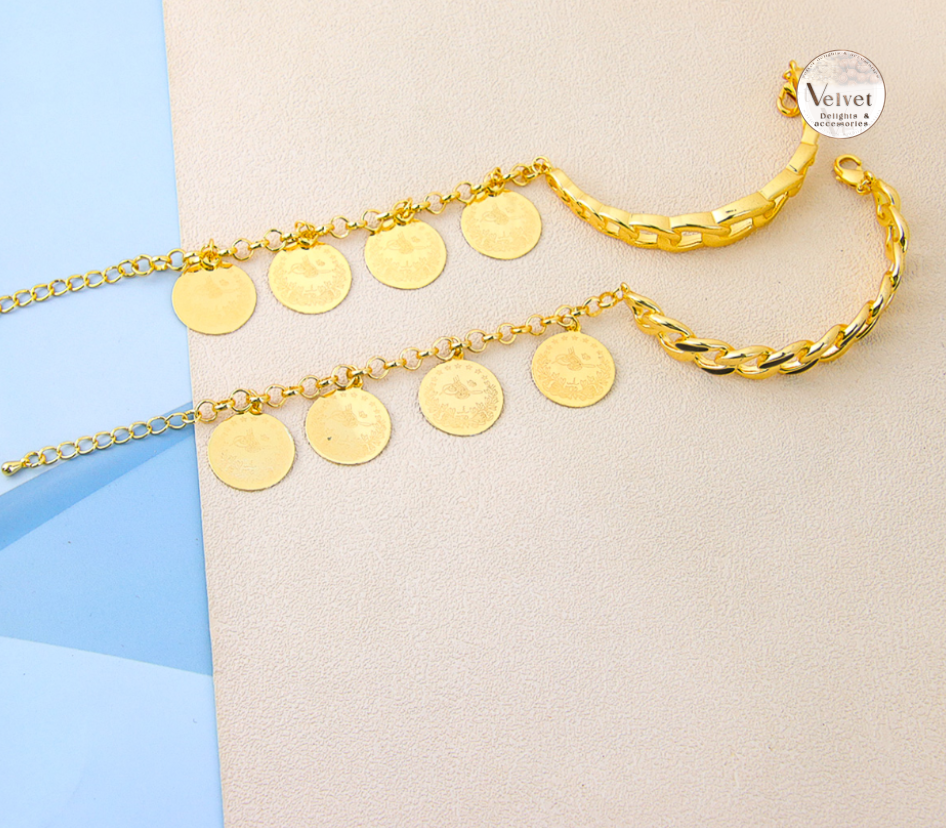 Stack Bracelet Brass Cuff Bangle 21K Gold Plated Coin Charm Bracelet