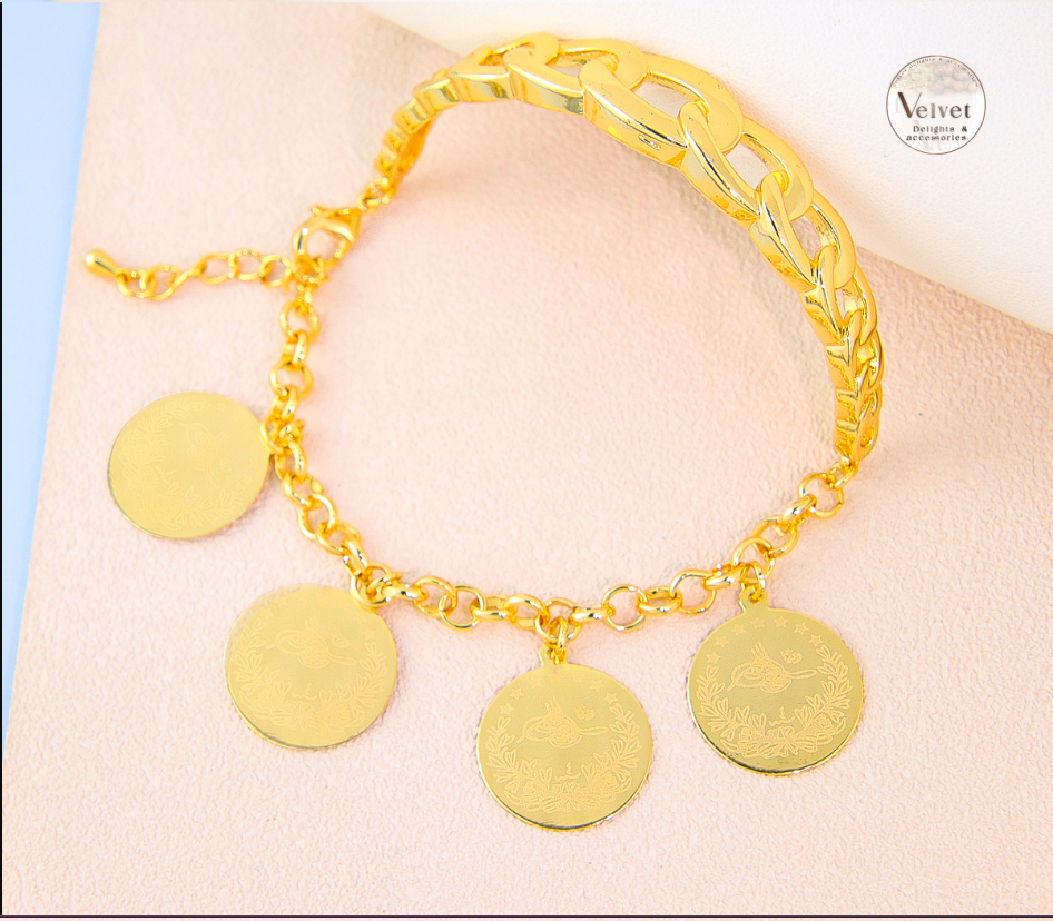 Stack Bracelet Brass Cuff Bangle 21K Gold Plated Coin Charm Bracelet