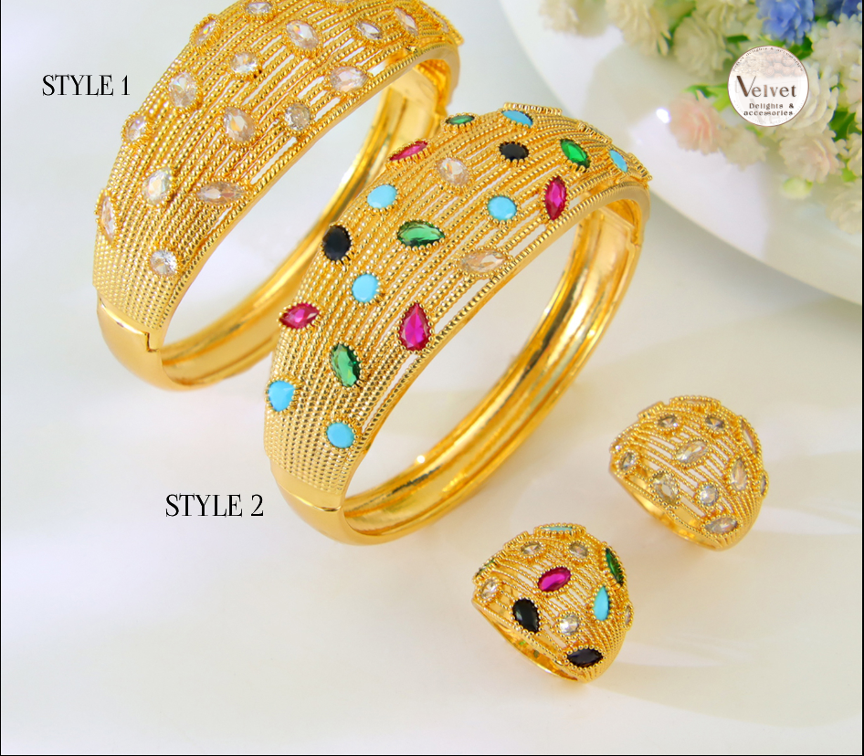 Italian Gold Bangles and Ring Sets 21K Gold Plated Multicolor Cubic Zircon Bangles Jewelry