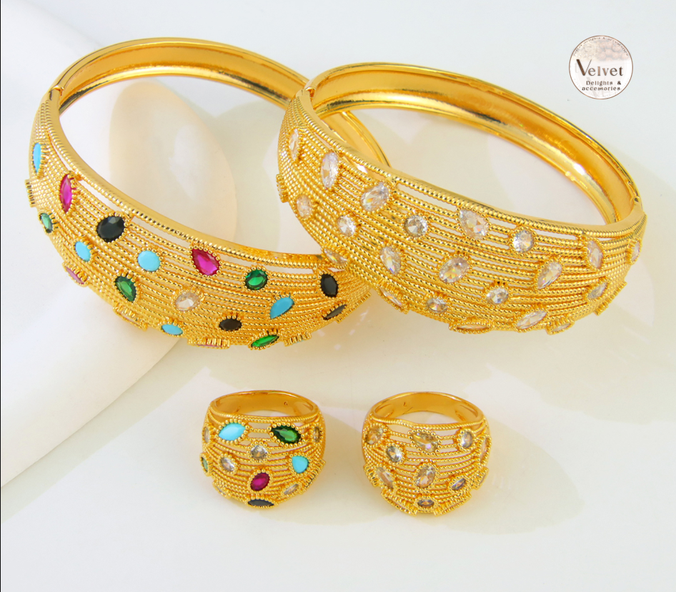 Italian Gold Bangles and Ring Sets 21K Gold Plated Multicolor Cubic Zircon Bangles Jewelry