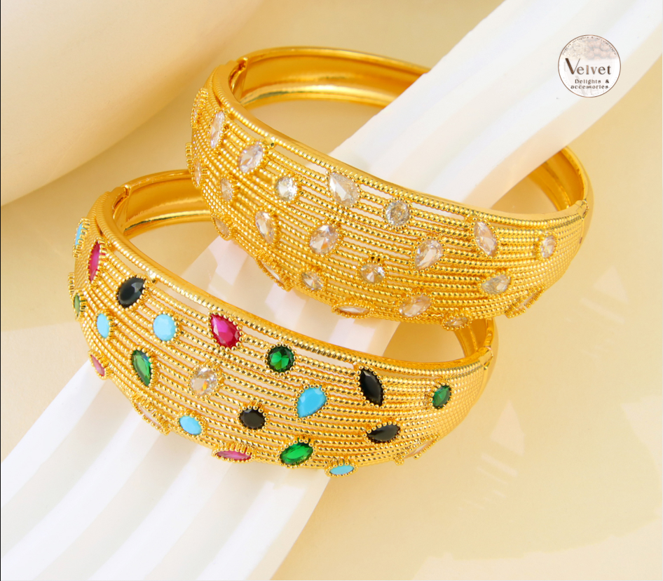 Italian Gold Bangles and Ring Sets 21K Gold Plated Multicolor Cubic Zircon Bangles Jewelry