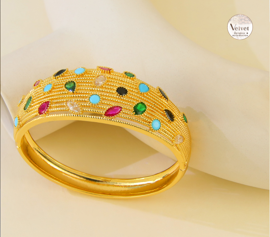 Italian Gold Bangles and Ring Sets 21K Gold Plated Multicolor Cubic Zircon Bangles Jewelry