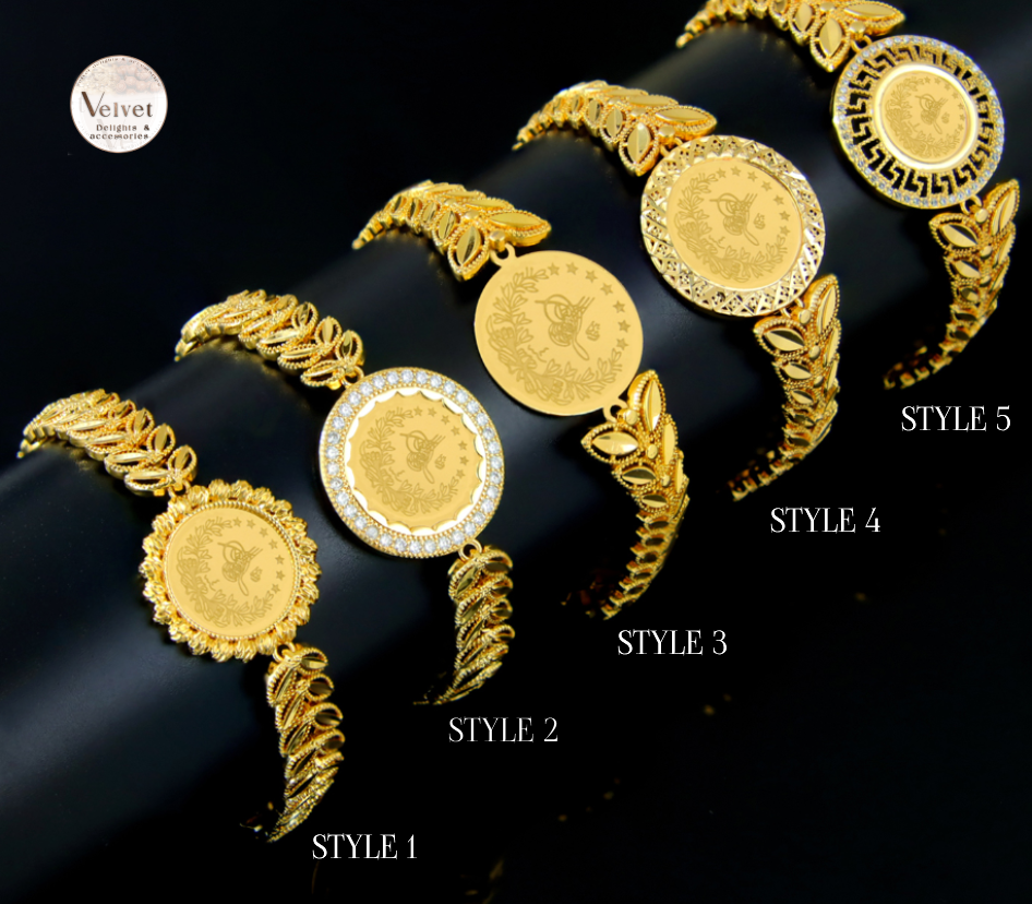 Elegant Adjustable Gold Plated 22k Coin Bracelet Luxury Watch Shaped Zircon Bracelet for Women