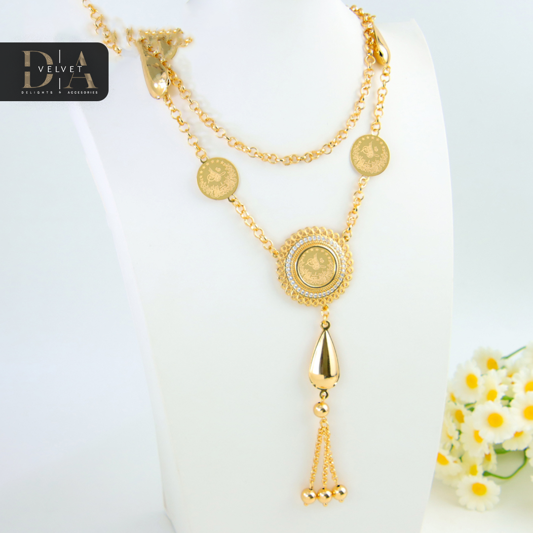 Ladies Luxury 21K Gold Arabic Coin Pendant Brass Women Jewelry Long Necklace With Tassel