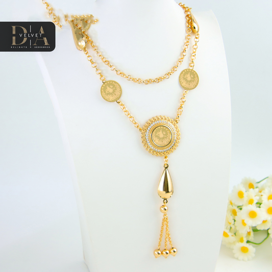Ladies Luxury 21K Gold Arabic Coin Pendant Brass Women Jewelry Long Necklace With Tassel