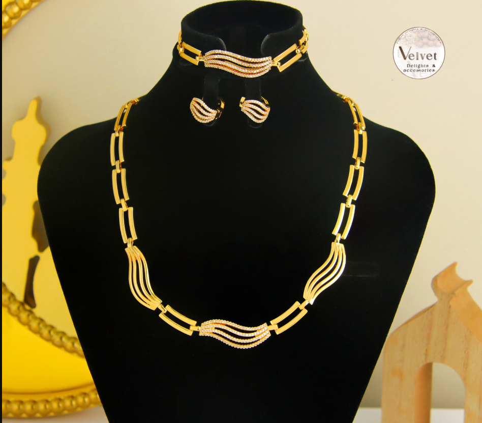 Arab Bridal Zircon Jewelry Set Elegant Design 21k Gold Plated Necklace 3Pcs Set for Women