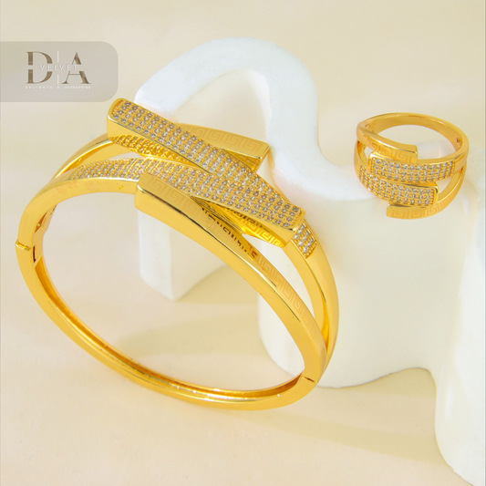 Non Tarnish Elegant Bangle With Ring Set 21K Gold Plated